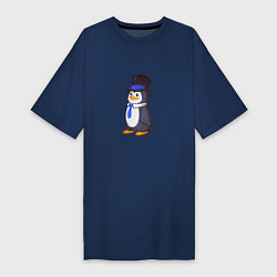 Футболка женская-платье Пингвин в цилиндре, цвет: тёмно-синий