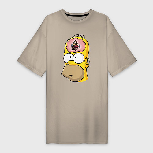 Женская футболка-платье Мартышка бьёт в тарелки в голове Гомера Симпсона / Миндальный – фото 1