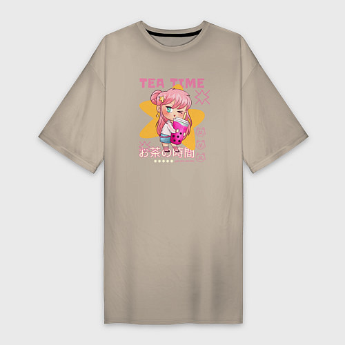 Женская футболка-платье Tea time - anime / Миндальный – фото 1