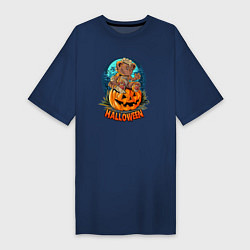 Футболка женская-платье Halloween - Мишка на тыкве, цвет: тёмно-синий
