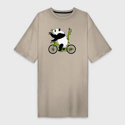 Футболка женская-платье Панда на велосипеде с бамбуком, цвет: миндальный