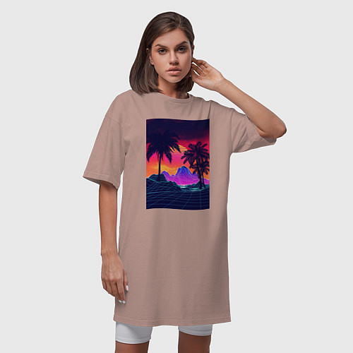 Женская футболка-платье Синтвейв пляж и пальмы / Пыльно-розовый – фото 3