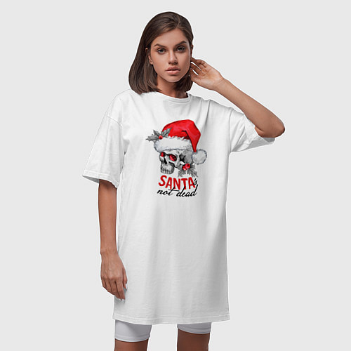 Женская футболка-платье Santa is not dead, skull in red hat, holly / Белый – фото 3