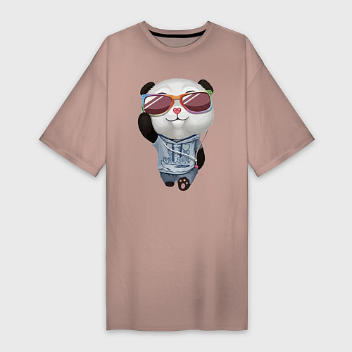 Женская футболка-платье Прикольный пандёныш в темных очках и наушниках / Пыльно-розовый – фото 1