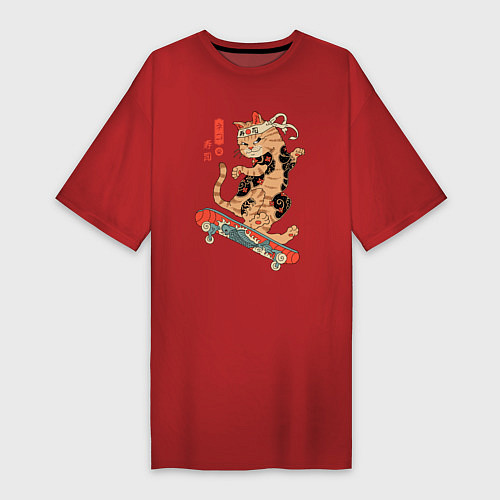 Женская футболка-платье Кот самурай скейтбордист / Красный – фото 1