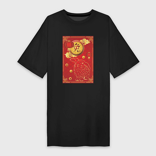 Женская футболка-платье Китайский иероглиф и золотой кролик на красном / Черный – фото 1