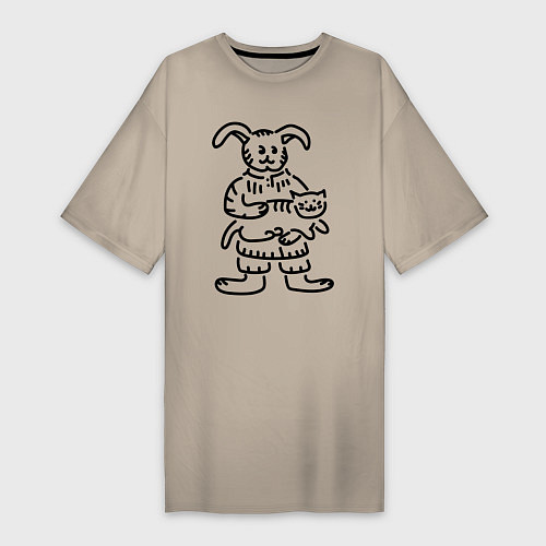 Женская футболка-платье Кролик гладит кота / Миндальный – фото 1