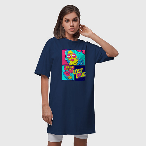 Женская футболка-платье Поп арт девушка с телефоном / Тёмно-синий – фото 3