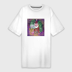 Женская футболка-платье Дед мороз с оленем и попугаем