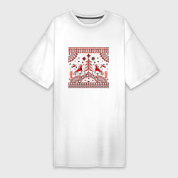 Женская футболка-платье Лошади и птицы - мезенская роспись