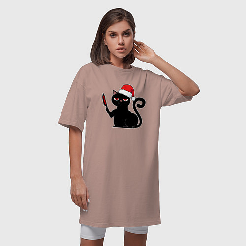 Женская футболка-платье Кот с ножом мери кристмас / Пыльно-розовый – фото 3