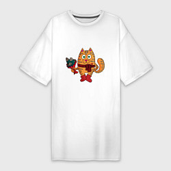 Женская футболка-платье Влюбленный рыжий кот с рыбным букетом