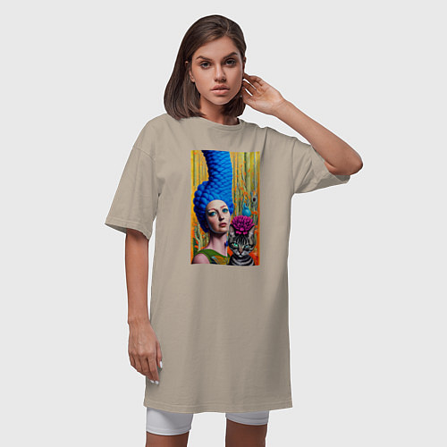 Женская футболка-платье Мардж Симпсон с кошкой - нейросеть - art / Миндальный – фото 3