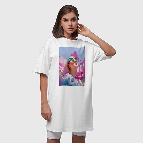 Женская футболка-платье Весенняя девушка в цветах / Белый – фото 3
