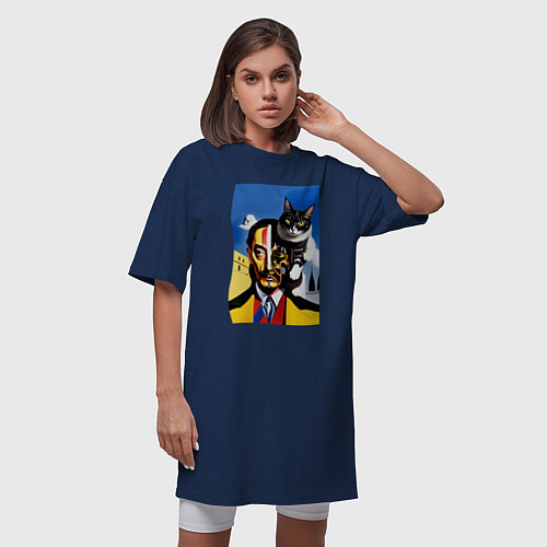 Женская футболка-платье Salvador Dali and his cat / Тёмно-синий – фото 3