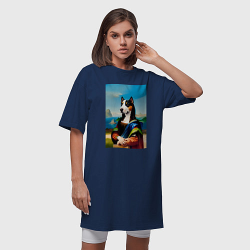 Женская футболка-платье A dog named Gioconda - humorous art / Тёмно-синий – фото 3