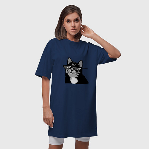 Женская футболка-платье Pixel coot cat in glasses / Тёмно-синий – фото 3
