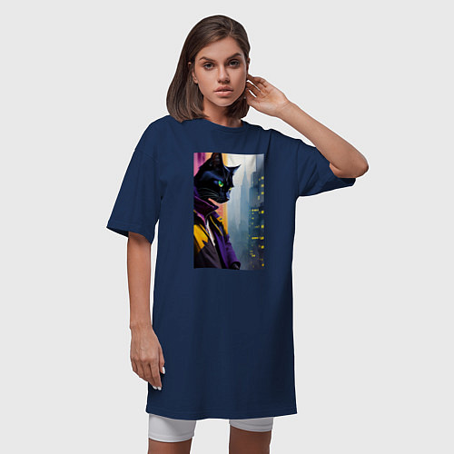 Женская футболка-платье Black cat in New York - neural network / Тёмно-синий – фото 3