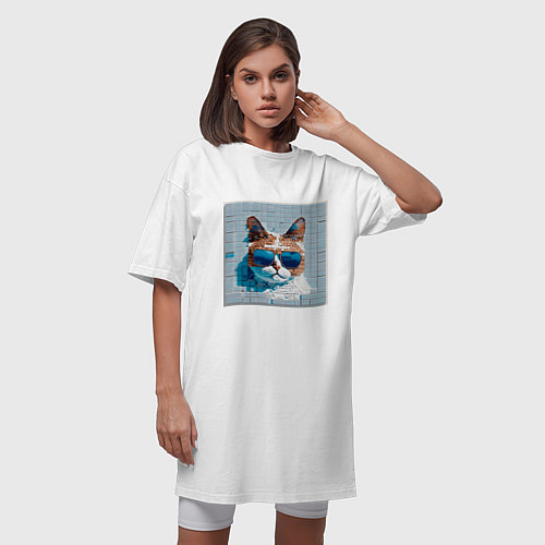 Женская футболка-платье Цифровой кот в темных очках / Белый – фото 3