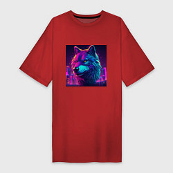 Женская футболка-платье Волк в свете неонового киберпанк-города