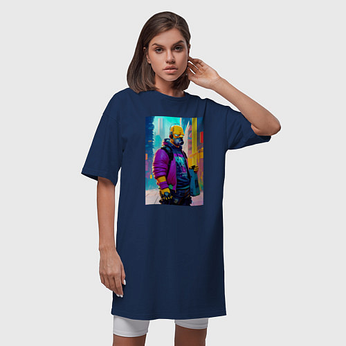 Женская футболка-платье Homer Simpson - city - cyberpunk / Тёмно-синий – фото 3