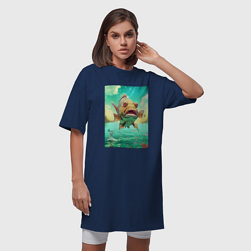 Женская футболка-платье Карп выпрыгивающий из озера / Тёмно-синий – фото 3