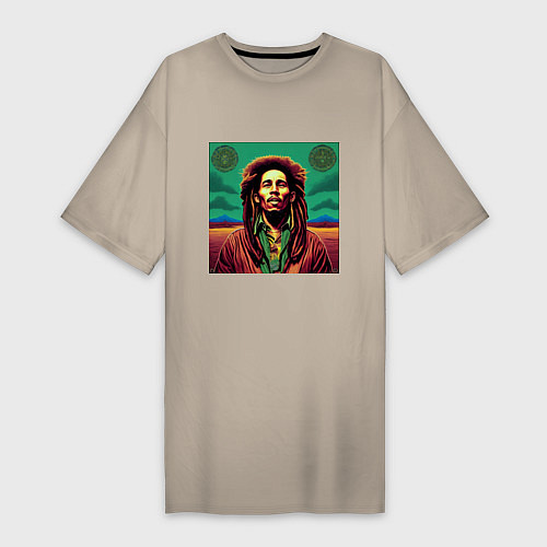 Женская футболка-платье Digital Art Bob Marley in the field / Миндальный – фото 1