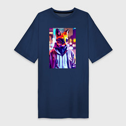 Футболка женская-платье Cyber fox - neon - city, цвет: тёмно-синий