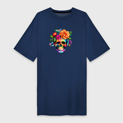 Женская футболка-платье Череп с цветами в мексиканском стиле