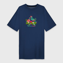 Футболка женская-платье Влюбленные попугаи среди тропических листьев, цвет: тёмно-синий