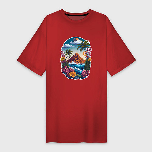 Женская футболка-платье Горы и море - экзотика / Красный – фото 1