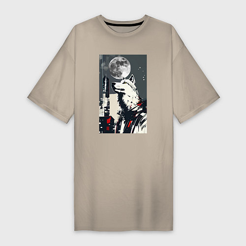 Женская футболка-платье Волк на фоне луны - мегаполис - нейросеть / Миндальный – фото 1