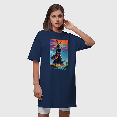 Женская футболка-платье Зайчиха титан - киберпанк - нейросеть / Тёмно-синий – фото 3