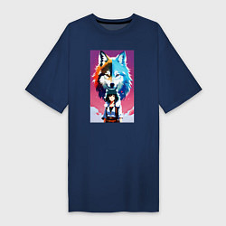 Футболка женская-платье Cute girl and wolf - anime - neural network, цвет: тёмно-синий