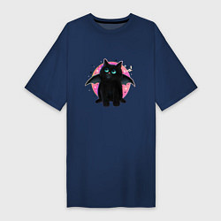 Футболка женская-платье Черный котенок летучая мышь хэллоуин, цвет: тёмно-синий