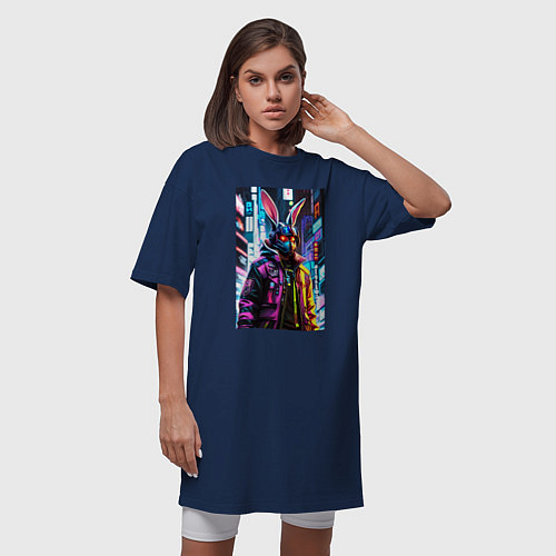 Женская футболка-платье Cool hare - cyberpunk - metropolis / Тёмно-синий – фото 3