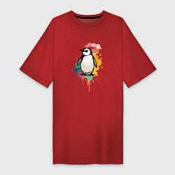Футболка женская-платье Красочный пингвин, цвет: красный