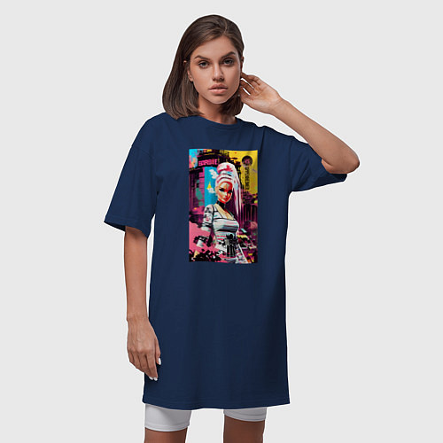Женская футболка-платье Barbie vs Oppenheimer - meme / Тёмно-синий – фото 3