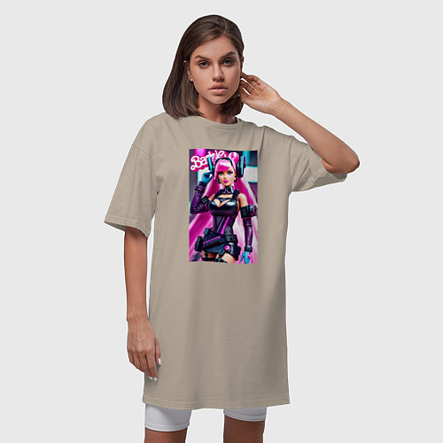 Женская футболка-платье Барби - киберпанк - нейросеть / Миндальный – фото 3