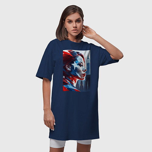 Женская футболка-платье Девушка и Нью-Йорк - двойная экспозиция / Тёмно-синий – фото 3