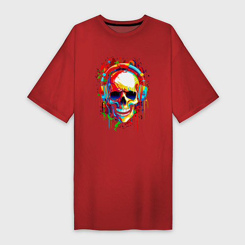 Женская футболка-платье Красочный череп в очках / Красный – фото 1