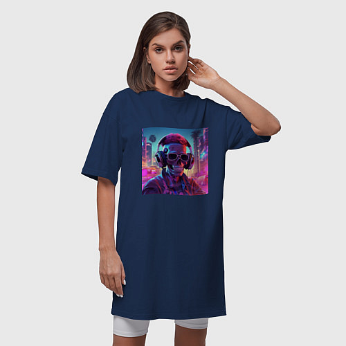 Женская футболка-платье Скелет с кудрявыми волосами / Тёмно-синий – фото 3