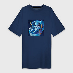 Женская футболка-платье Голубой котик космонавт с коктейлем
