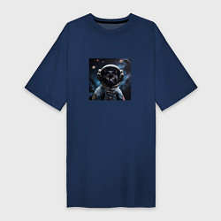 Женская футболка-платье Черный котик космонавт