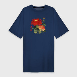 Футболка женская-платье Красные хризантемы, цвет: тёмно-синий