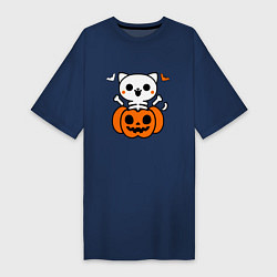 Женская футболка-платье Веселый кот-скелет в тыкве - Хэллоуин
