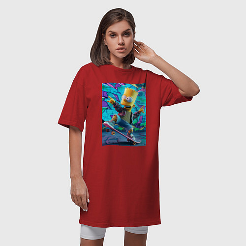 Женская футболка-платье Скейтбордист Барт Симпсон на фоне граффити / Красный – фото 3