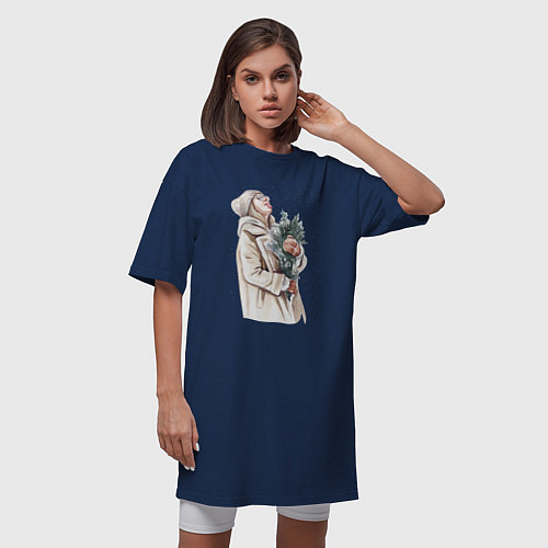 Женская футболка-платье Девушка на снегу / Тёмно-синий – фото 3
