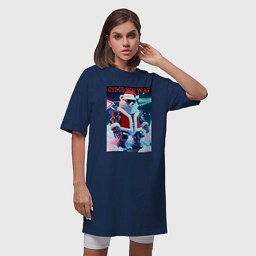 Женская футболка-платье Cyber new year - polar bear - ai art / Тёмно-синий – фото 3