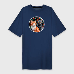 Футболка женская-платье Два кота ждут Новый Год, цвет: тёмно-синий